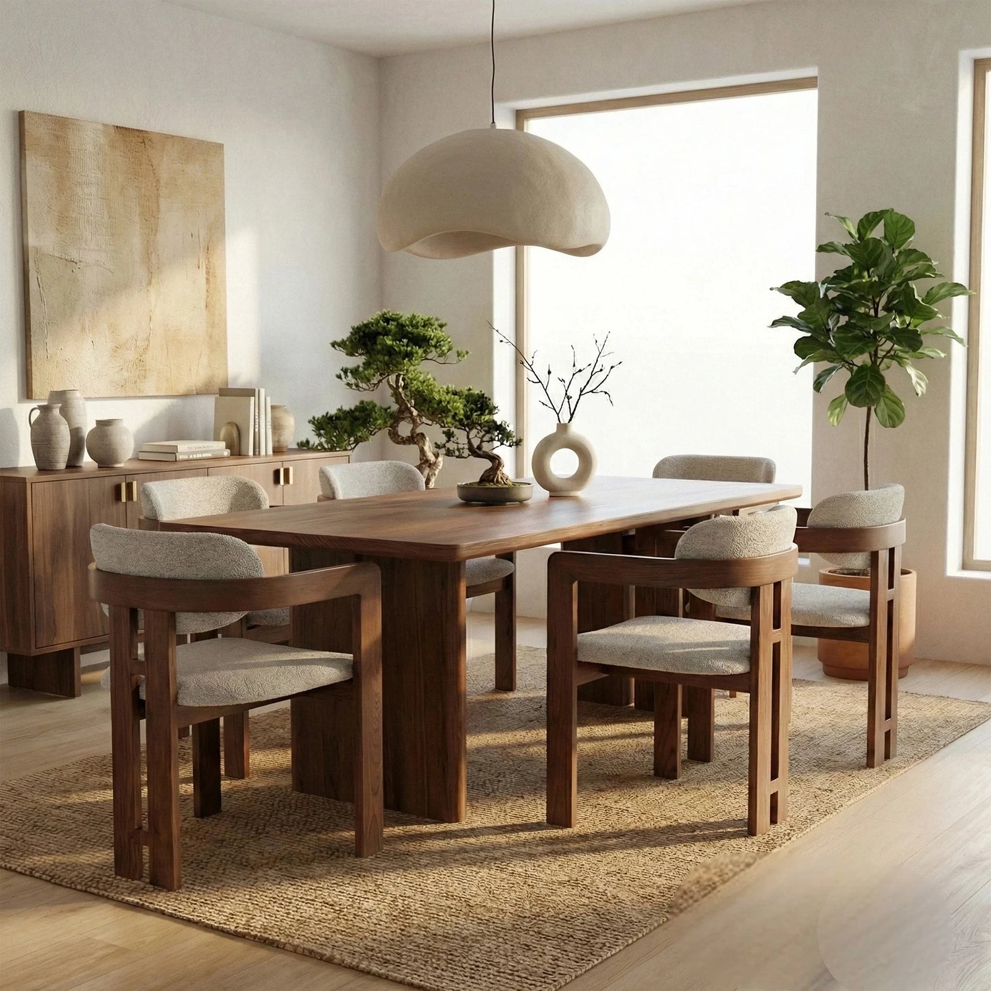 ALUXO Clara Walnut Dining Chair In Oatmeal Beige Boucle Fabric – Set of 2