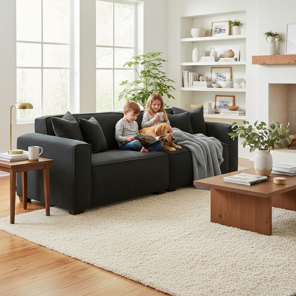 ALUXO Dakota 3 Seater Sofa In Charcoal Grey Boucle Fabric