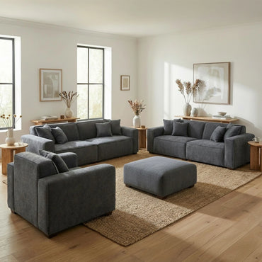ALUXO Dakota 4+3+1+Footstool Complete Sofa Set In Charcoal Grey Boucle Fabric