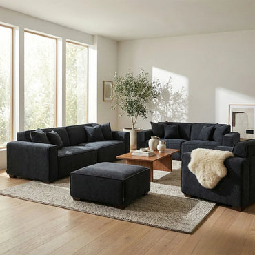 ALUXO Dakota 4+3+1+Footstool Complete Sofa Set In Midnight Black Boucle Fabric