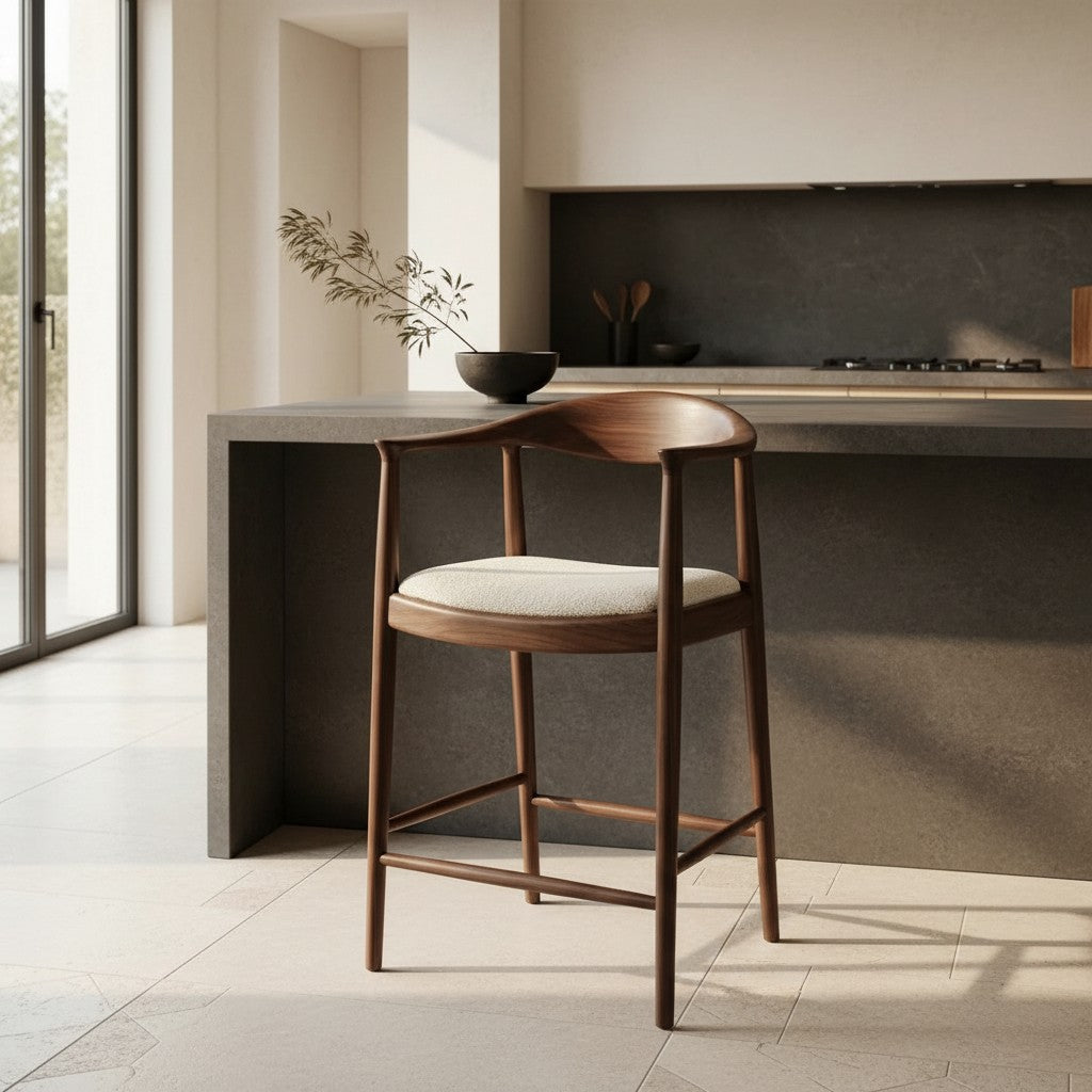 ALUXO Fern Walnut Bar Stool With Oatmeal Beige Boucle Upholstery Fabric