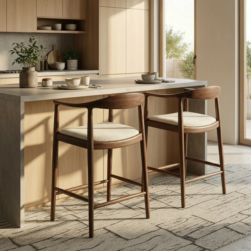 ALUXO Fern Walnut Bar Stool With Oatmeal Beige Boucle Upholstery Fabric