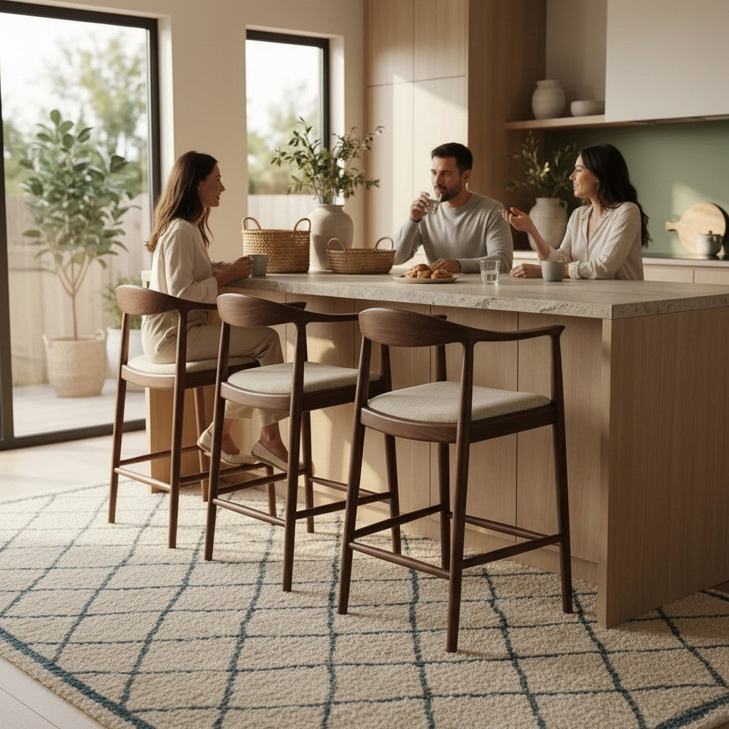ALUXO Fern Walnut Bar Stool With Oatmeal Beige Boucle Upholstery Fabric