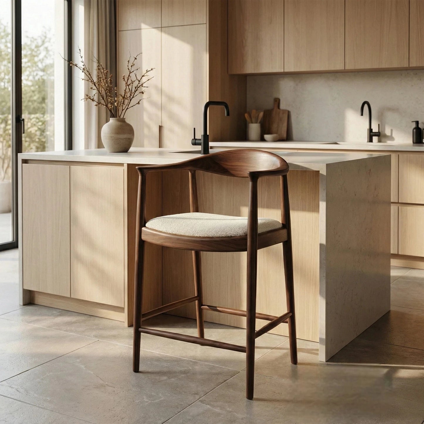 ALUXO Fern Walnut Bar Stool With Oatmeal Beige Boucle Upholstery Fabric