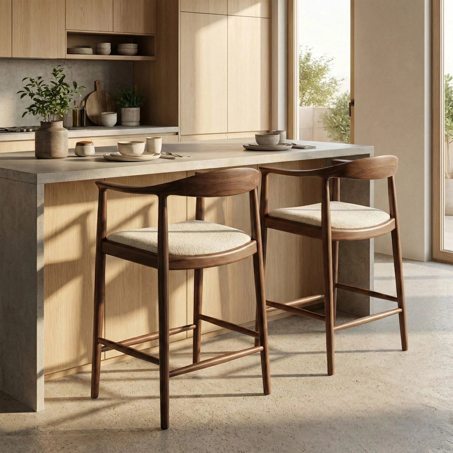 ALUXO Fern Walnut Bar Stool With Oatmeal Beige Boucle Upholstery Fabric