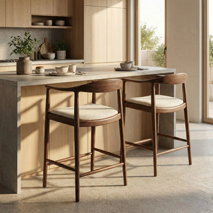 ALUXO Fern Walnut Bar Stool With Oatmeal Beige Boucle Upholstery Fabric