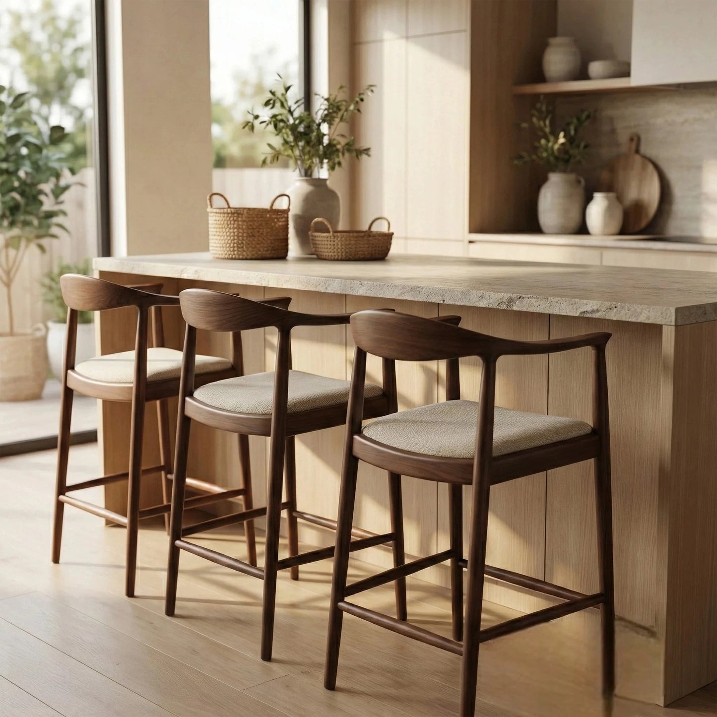 ALUXO Fern Walnut Bar Stool With Oatmeal Beige Boucle Upholstery Fabric