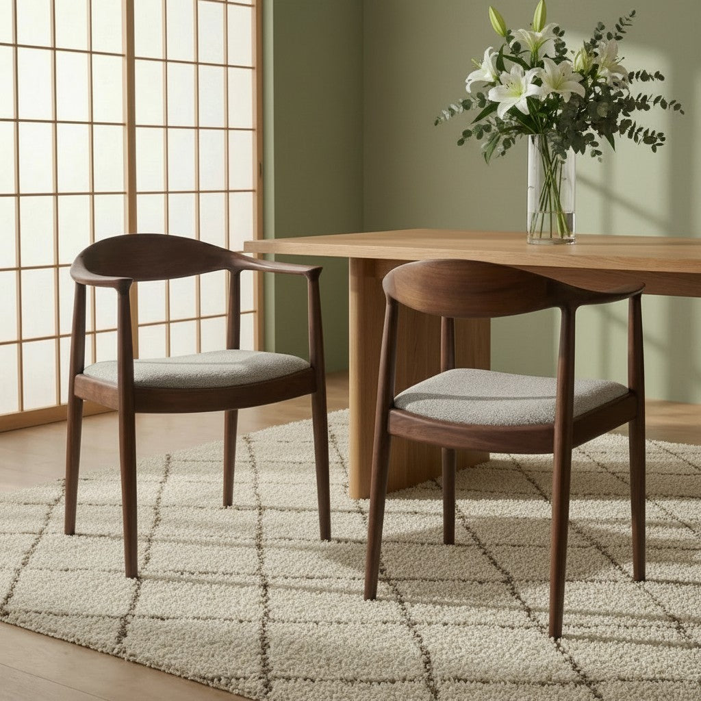 ALUXO Fern Walnut Dining Chair In Oatmeal Bouclé Fabric – Set of 2