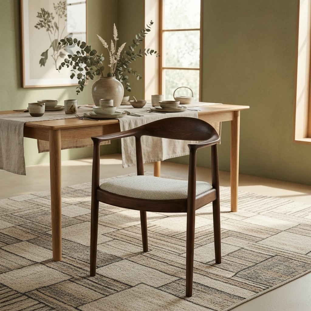 ALUXO Fern Walnut Dining Chair In Oatmeal Bouclé Fabric – Set of 2
