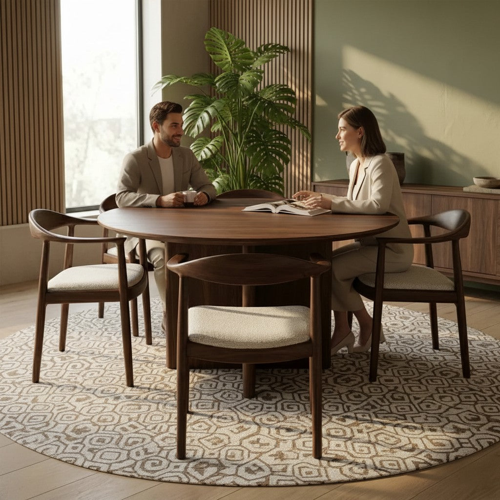 ALUXO Fern Walnut Dining Chair In Oatmeal Bouclé Fabric – Set of 2