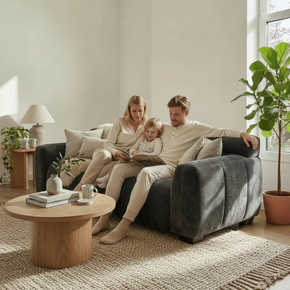 ALUXO Harlem 3 Seater Sofa In Steel Grey Velvet And Channel Stitch