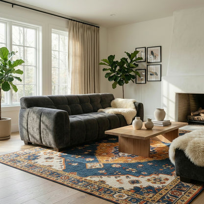 ALUXO Harlem 3 Seater Sofa In Steel Grey Velvet And Channel Stitch