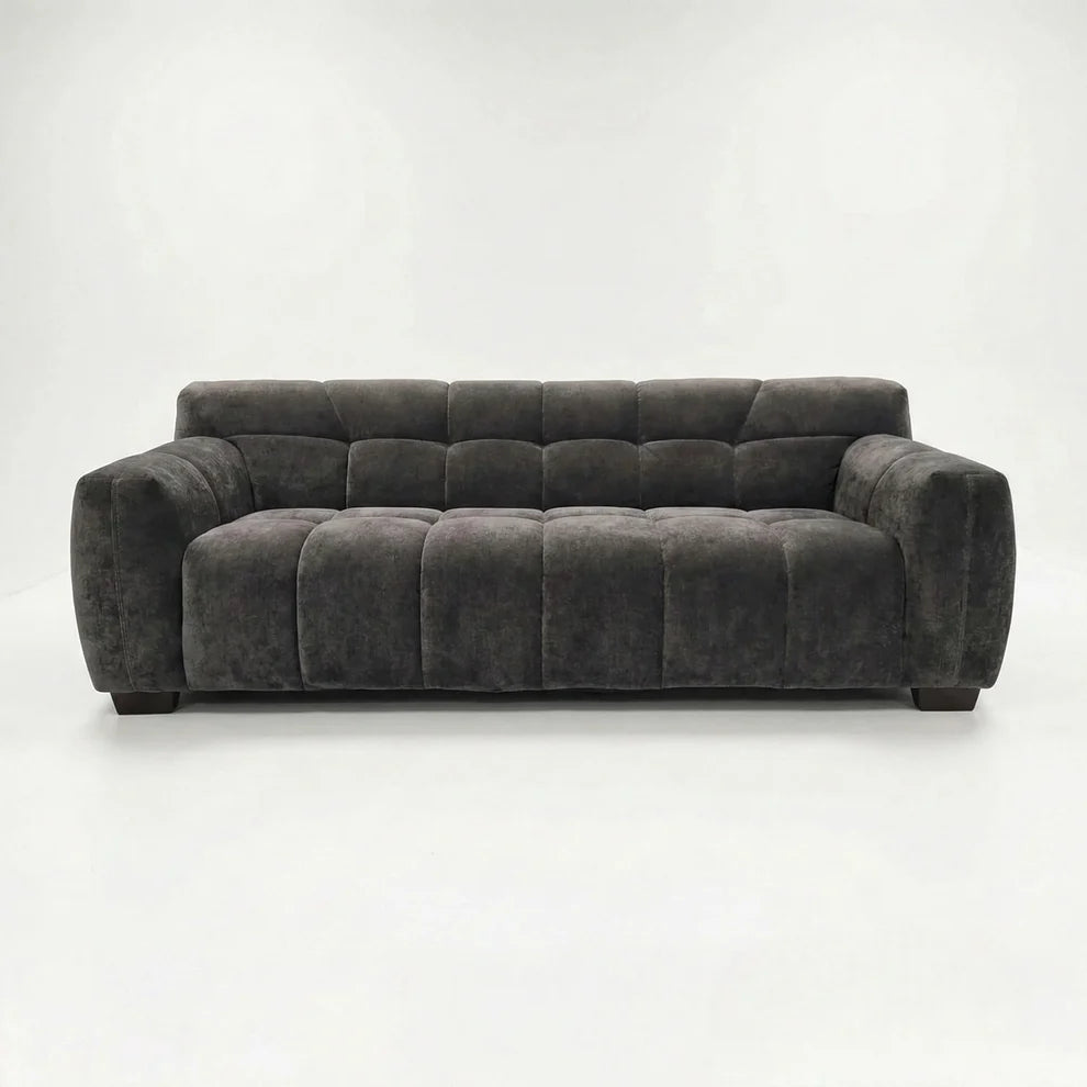 ALUXO Harlem 3 Seater Sofa In Steel Grey Velvet And Channel Stitch