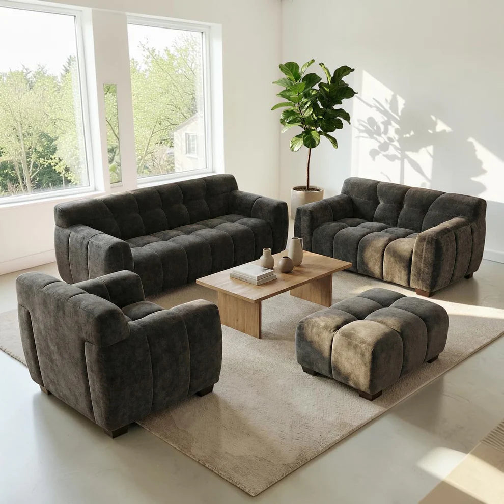 ALUXO Harlem 3 Seater Sofa In Steel Grey Velvet And Channel Stitch