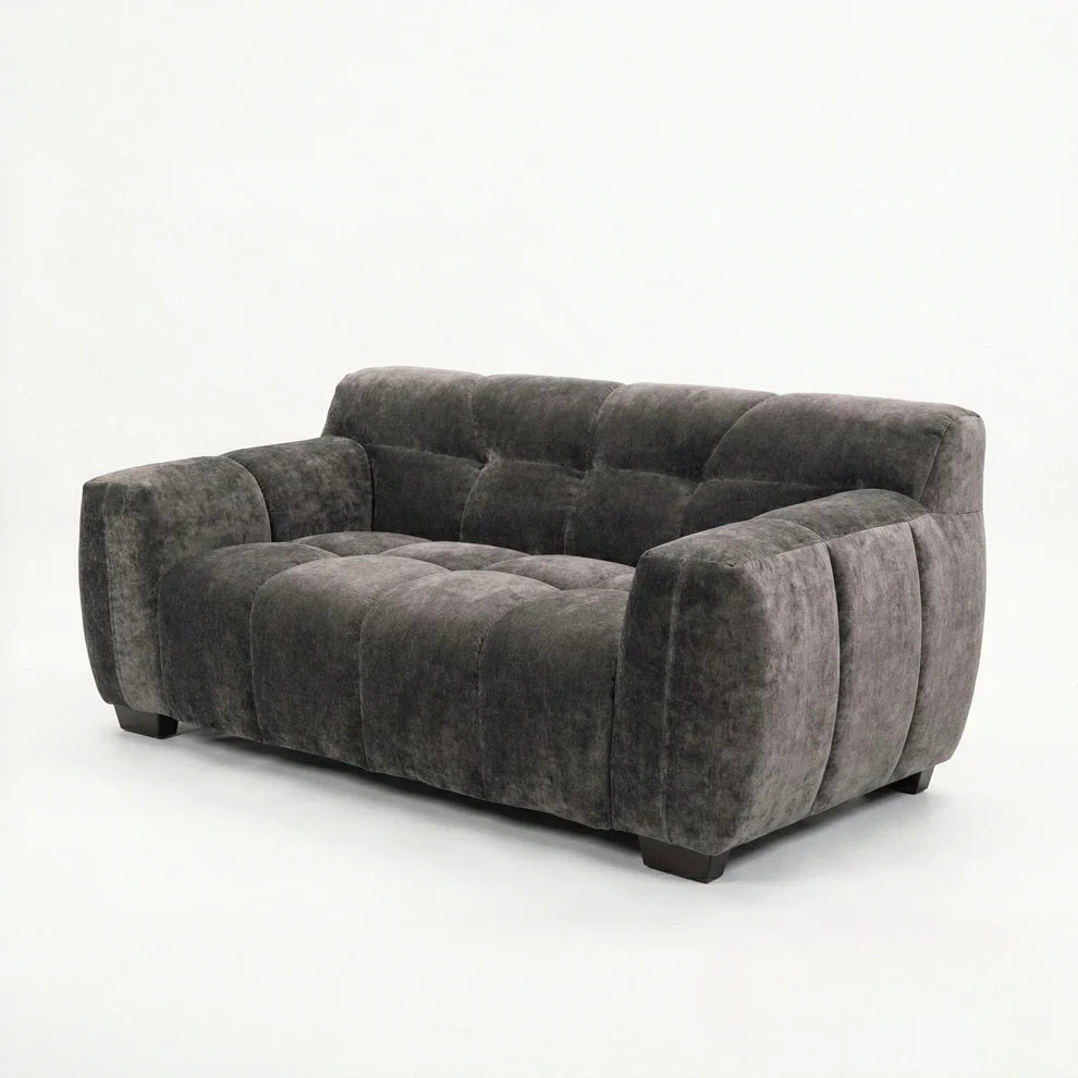 ALUXO Harlem Deep Channel Stitched 2 Seater Sofa In Steel Grey Mermaid Velvet