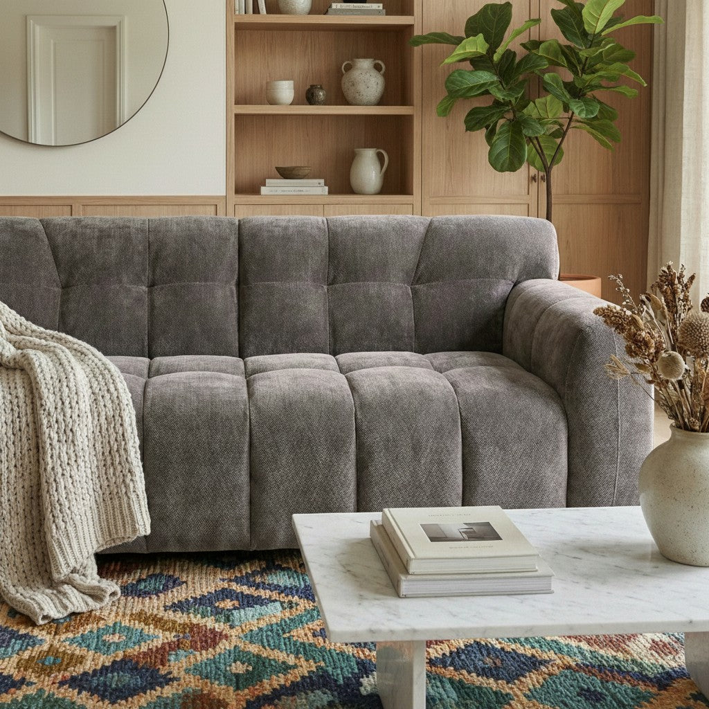 ALUXO Harlem Deep Channel Stitched 2 Seater Sofa In Steel Grey Mermaid Velvet