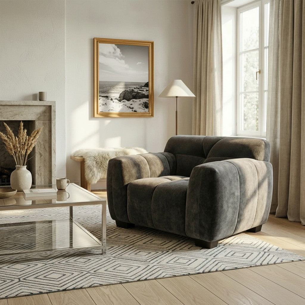 ALUXO Harlem Deep Channel Stitched Armchair In Cocoa Chocolate Grey Mermaid Velvet