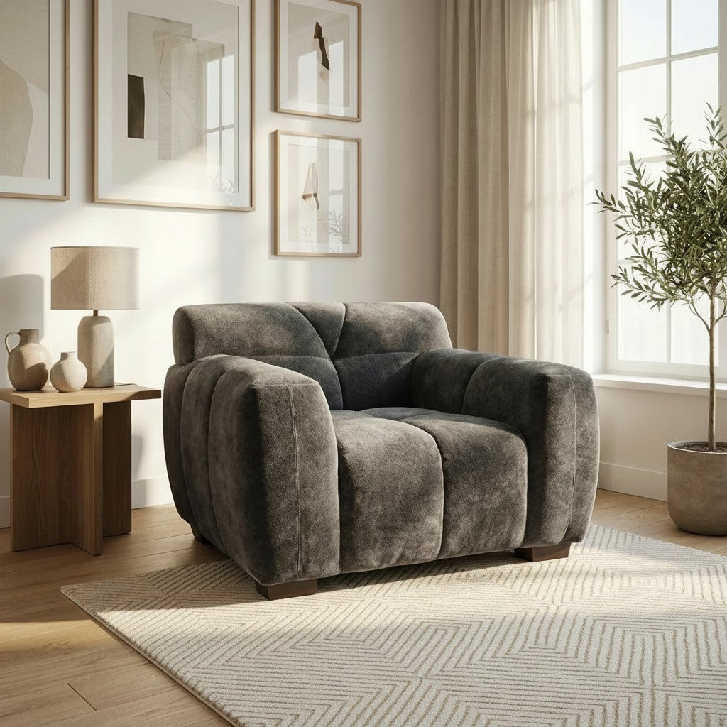 ALUXO Harlem Deep Channel Stitched Armchair In Cocoa Chocolate Grey Mermaid Velvet