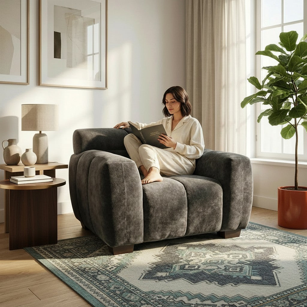ALUXO Harlem Deep Channel Stitched Armchair In Steel Grey Mermaid Velvet