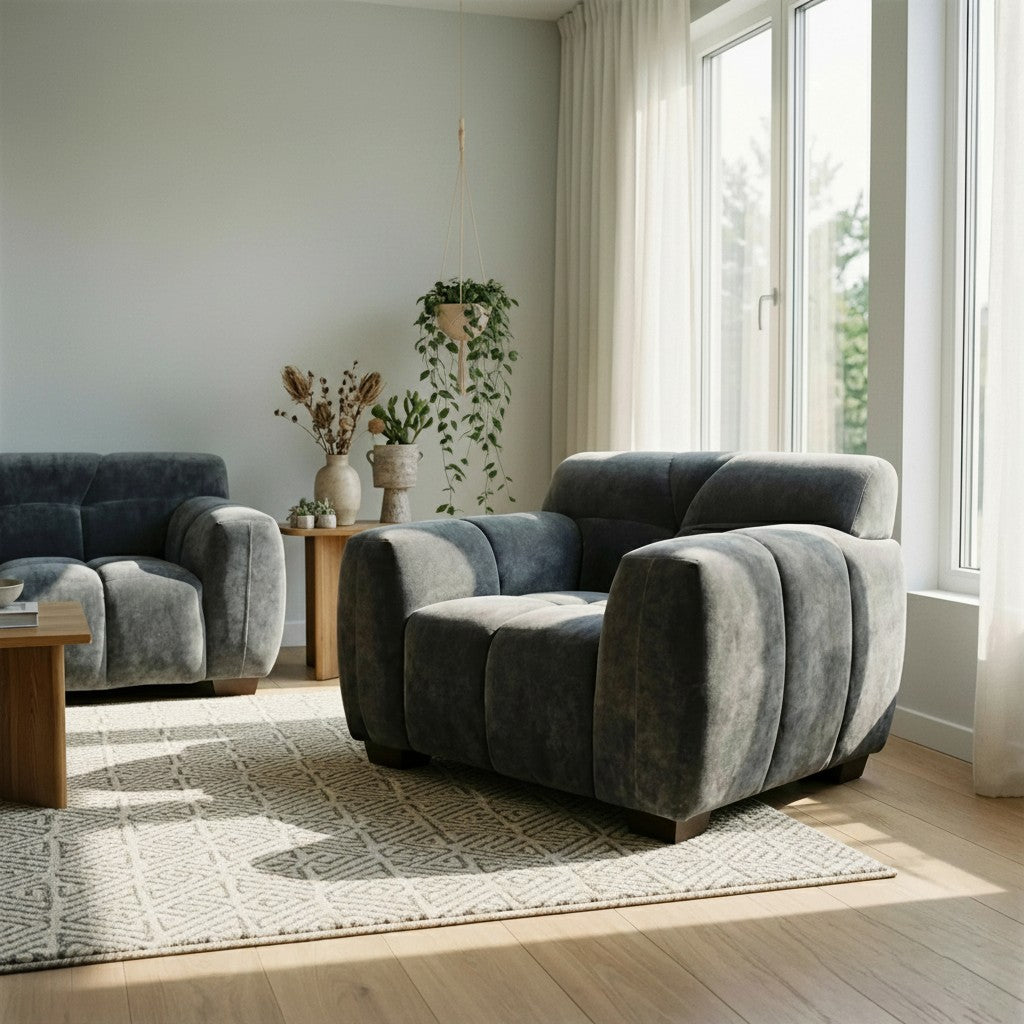 ALUXO Harlem Deep Channel Stitched Armchair In Steel Grey Mermaid Velvet