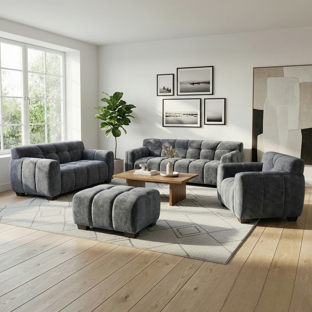 ALUXO Harlem Deep Channel Stitched Footstool In Steel Grey Mermaid Velvet