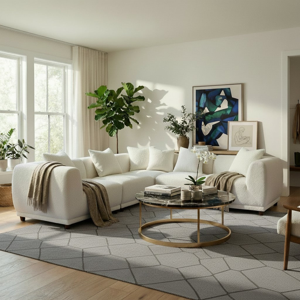 ALUXO Lottie 5 Seater Modular Corner Sofa In Polar White Boucle Fabric