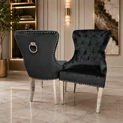 ALUXO Megan Dark Grey Velvet Dining Chair With Chrome Ring Knocker And Studded Detail