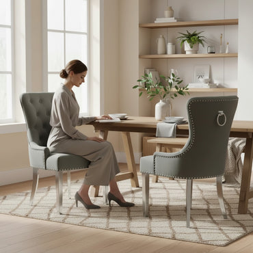 ALUXO Megan Dark Grey Velvet Dining Chair With Chrome Ring Knocker And Studded Detail