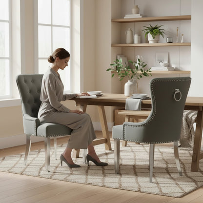 ALUXO Megan Dark Grey Velvet Dining Chair With Chrome Ring Knocker And Studded Detail