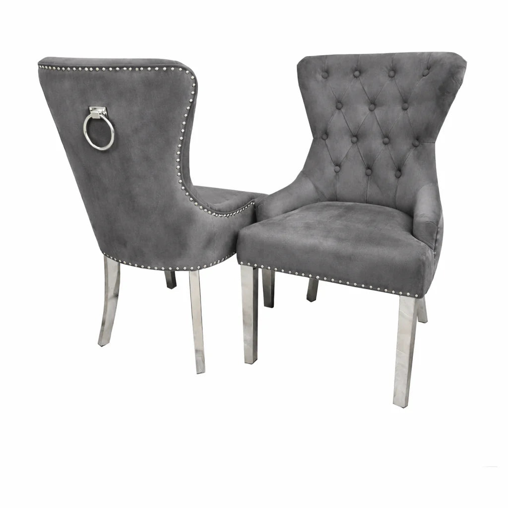 ALUXO Megan Dark Grey Velvet Dining Chair With Chrome Ring Knocker And Studded Detail