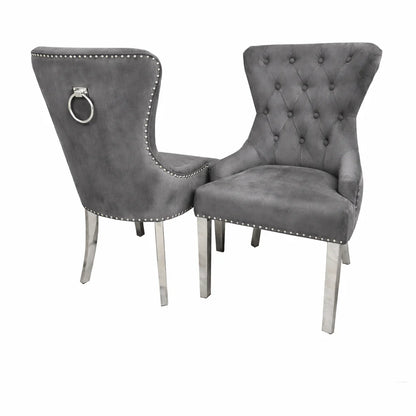 ALUXO Megan Dark Grey Velvet Dining Chair With Chrome Ring Knocker And Studded Detail
