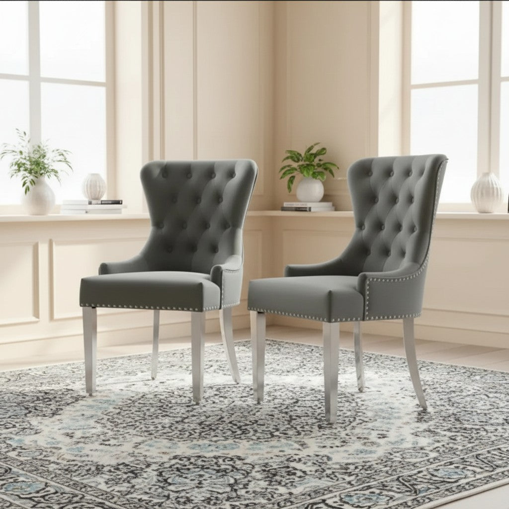 ALUXO Megan Dark Grey Velvet Dining Chair With Chrome Ring Knocker And Studded Detail