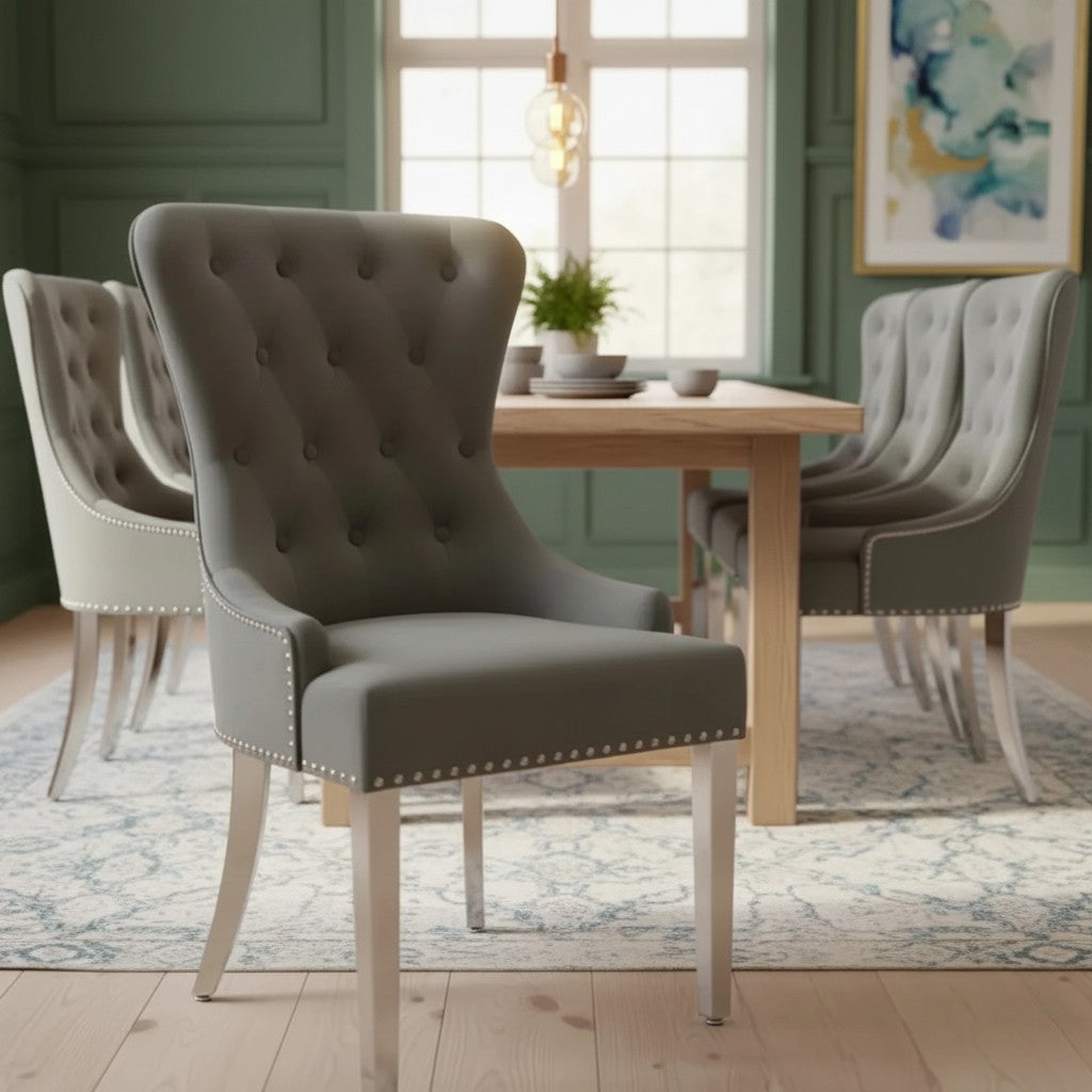 ALUXO Megan Dark Grey Velvet Dining Chair With Chrome Ring Knocker And Studded Detail