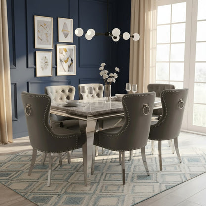 ALUXO Megan Dark Grey Velvet Dining Chair With Chrome Ring Knocker And Studded Detail