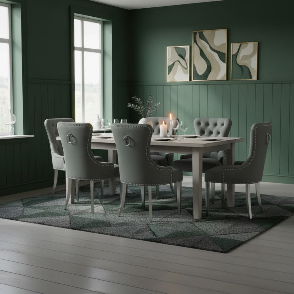 ALUXO Megan Dark Grey Velvet Dining Chair With Chrome Ring Knocker And Studded Detail