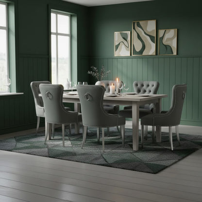 ALUXO Megan Dark Grey Velvet Dining Chair With Chrome Ring Knocker And Studded Detail