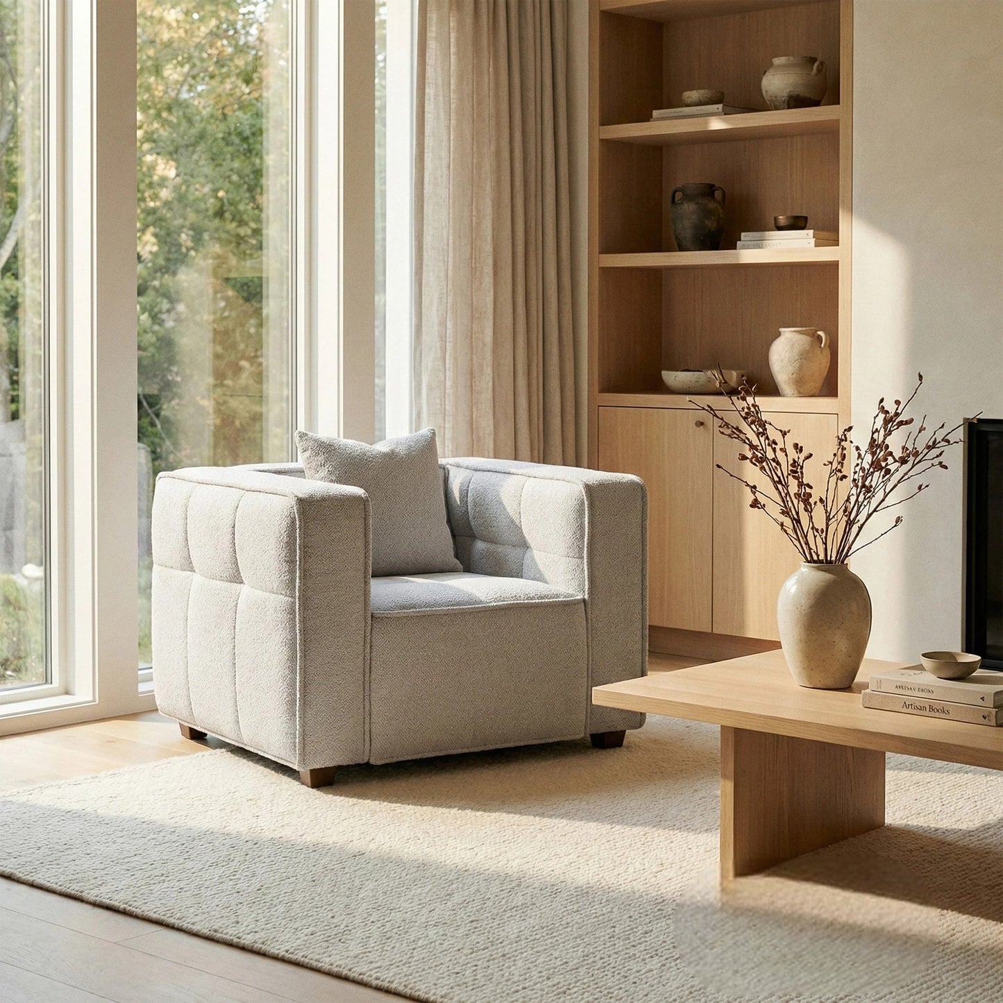 ALUXO Murray Modern Chesterfield Design Armchair In Putty Boucle Fabric