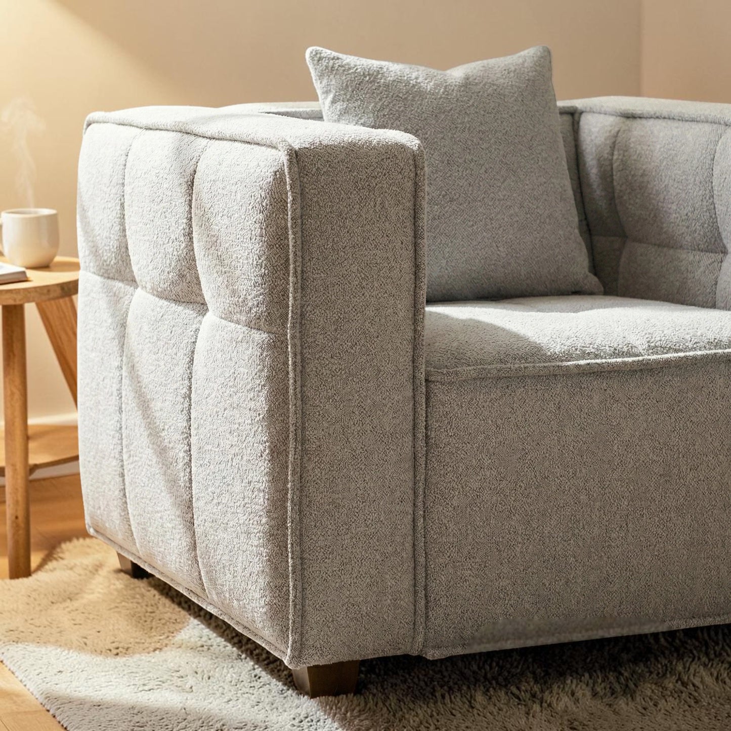 ALUXO Murray Modern Chesterfield Design Armchair In Putty Boucle Fabric