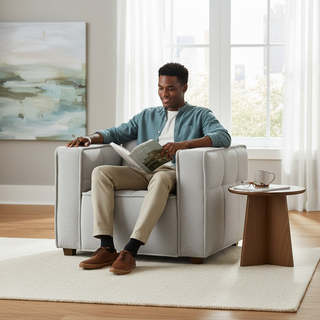ALUXO Murray Modern Chesterfield Design Armchair In Putty Boucle Fabric