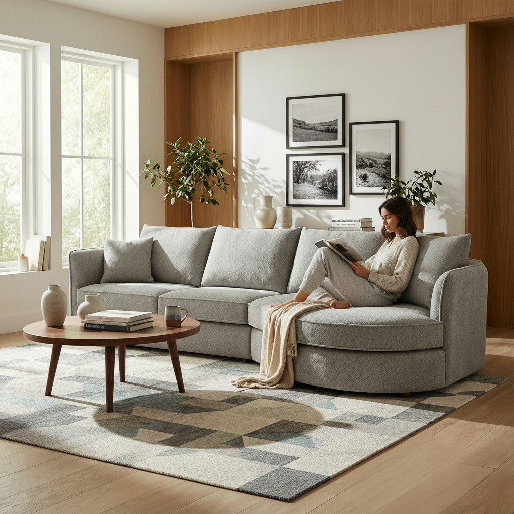ALUXO Rubin Right Hand Facing Corner Sofa In Pebble Grey Boucle Fabric