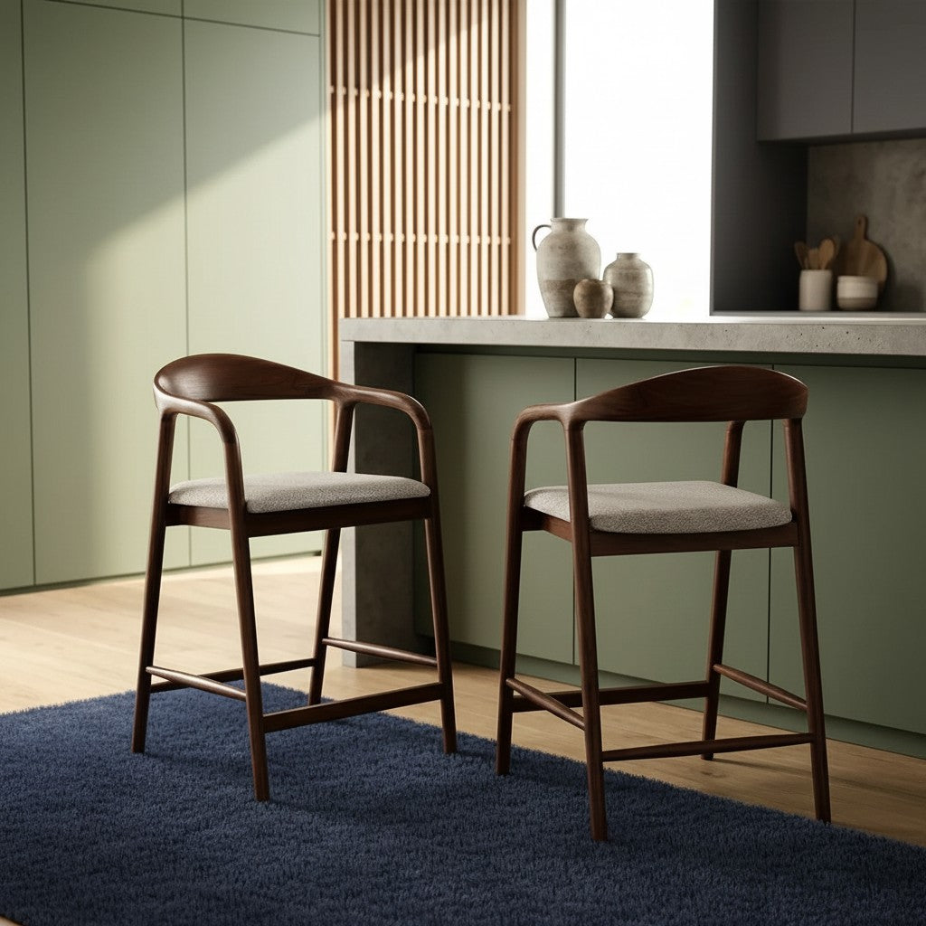 ALUXO Tess Walnut Bar Stool With Oatmeal Beige Boucle Upholstery Fabric