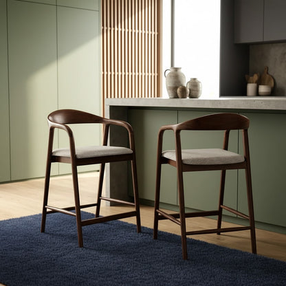 ALUXO Tess Walnut Bar Stool With Oatmeal Beige Boucle Upholstery Fabric