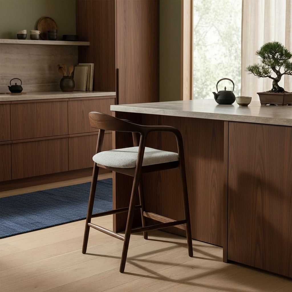 ALUXO Tess Walnut Bar Stool With Oatmeal Beige Boucle Upholstery Fabric