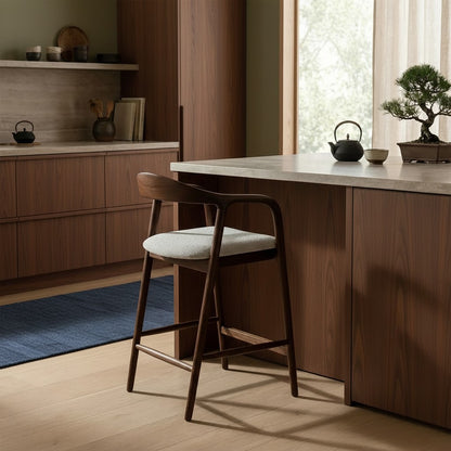 ALUXO Tess Walnut Bar Stool With Oatmeal Beige Boucle Upholstery Fabric