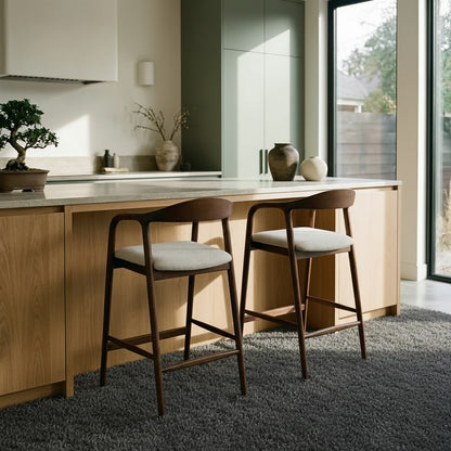 ALUXO Tess Walnut Bar Stool With Oatmeal Beige Boucle Upholstery Fabric