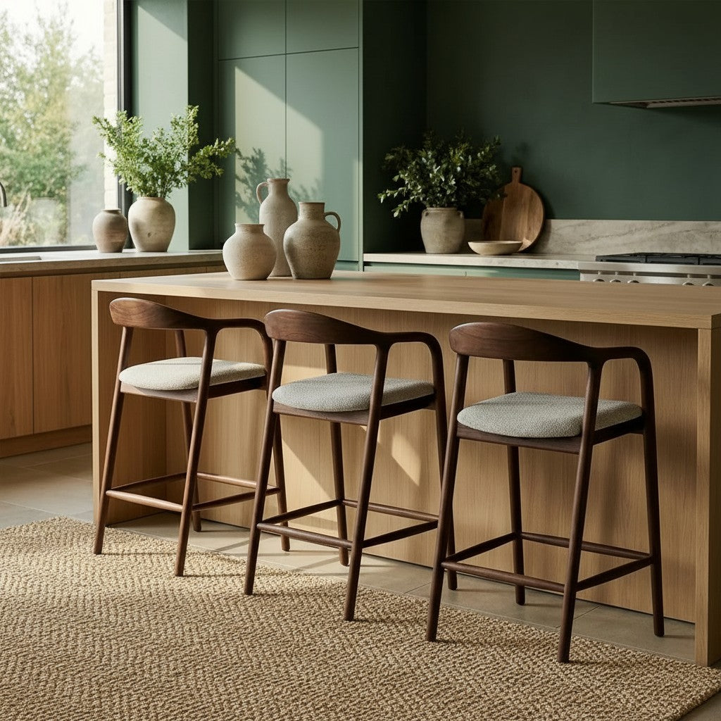 ALUXO Tess Walnut Bar Stool With Oatmeal Beige Boucle Upholstery Fabric