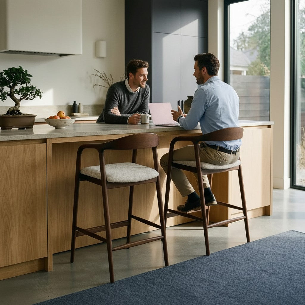 ALUXO Tess Walnut Bar Stool With Oatmeal Beige Boucle Upholstery Fabric