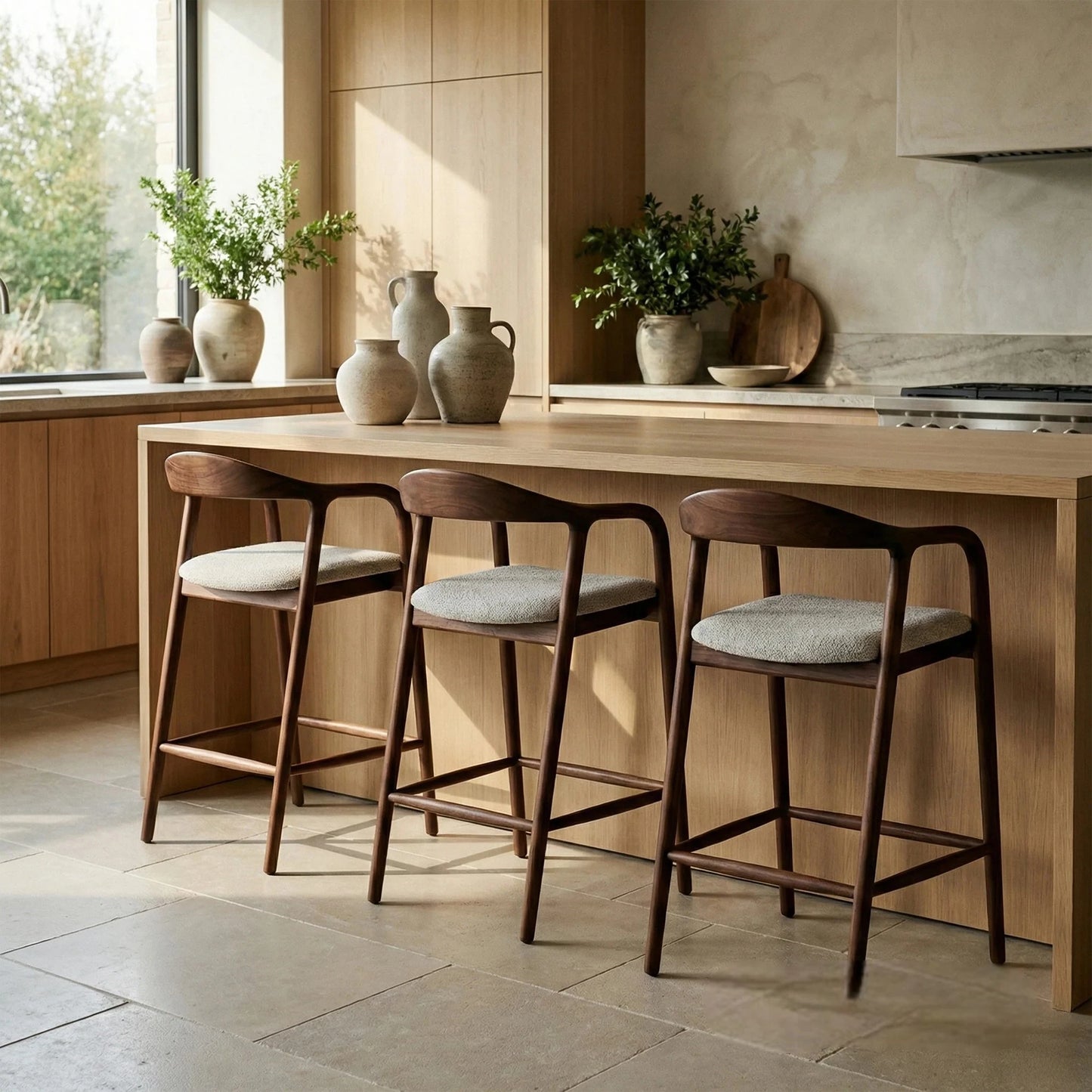 ALUXO Tess Walnut Bar Stool With Oatmeal Beige Boucle Upholstery Fabric