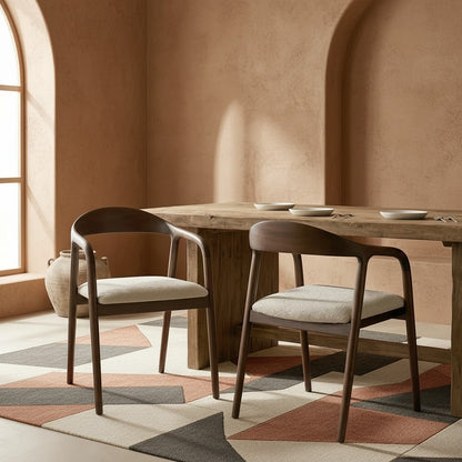 ALUXO Tess Walnut Dining Chair In Oatmeal Beige Boucle Fabric - Set Of 2
