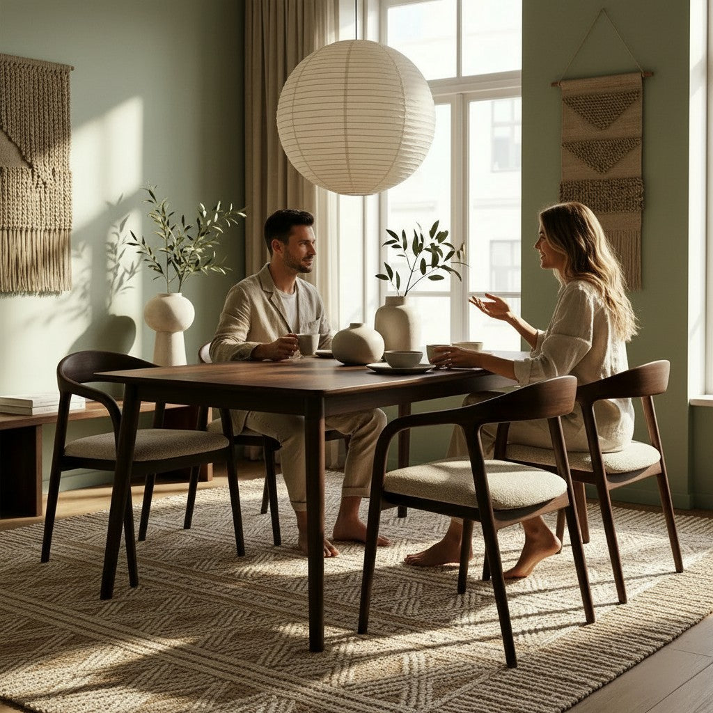 ALUXO Tess Walnut Dining Chair In Oatmeal Beige Boucle Fabric - Set Of 2